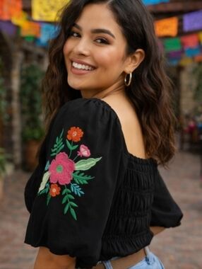 Embroidered Black Puff Sleeve Crop Top - Floral Detail